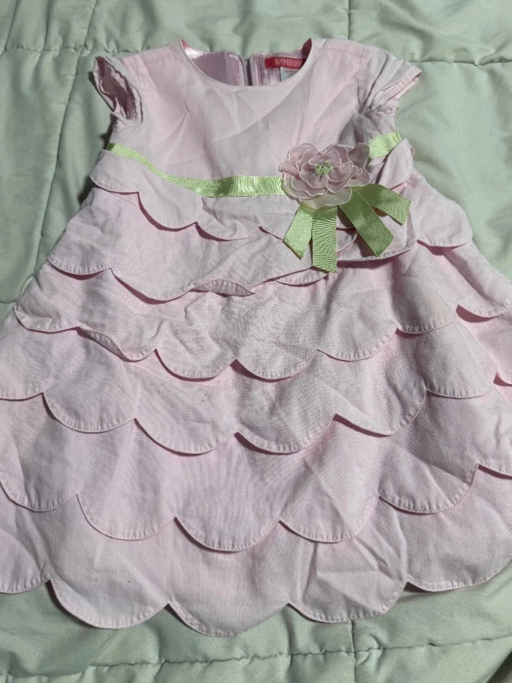 Y2K 18 Month Pink Pleated Dress with Green Ribbon and Flower Gymboree